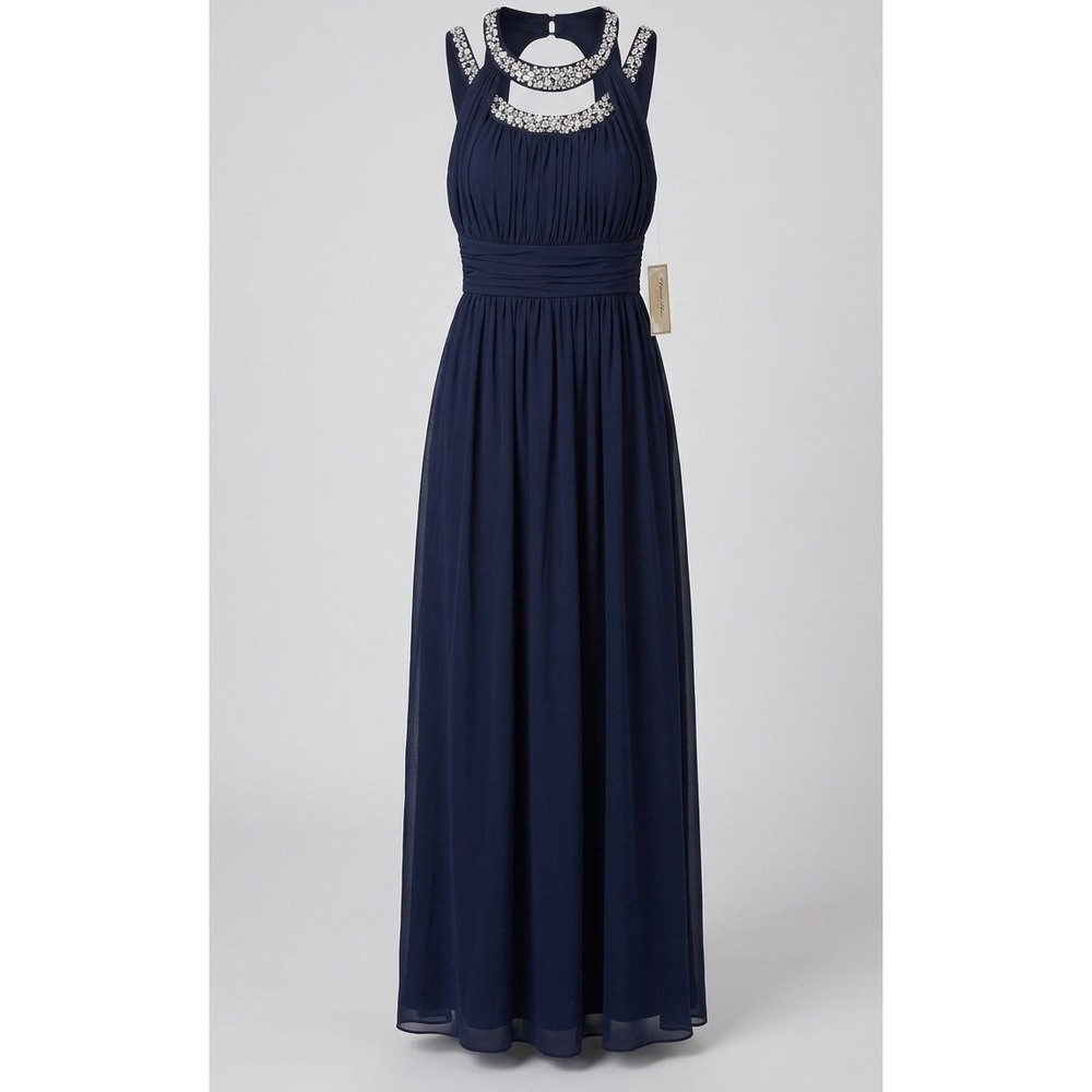 NWT Trixxi Navy Blue Floor-Length Formal Gown Sz 22W Plus Beaded Neckline Maxi